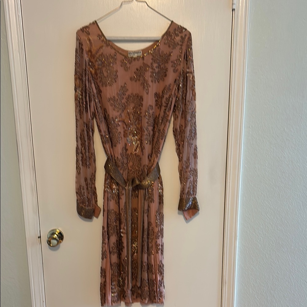 Tan and Brown Sheath Dress with Bishop Sleeves